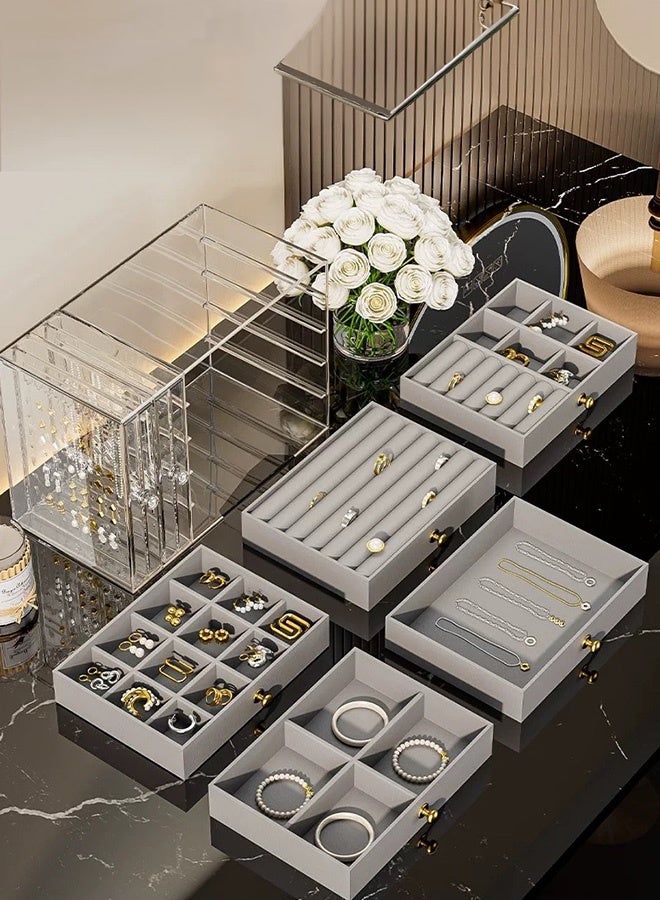 Sunbath Jewelry Storage Boxes, 7 Layer Clear Acrylic Jewelry Organizer for Necklaces Rings Earrings Bracelets, Velvet Jewelry Holder Display Case for Men and Women, Grey - Image 4