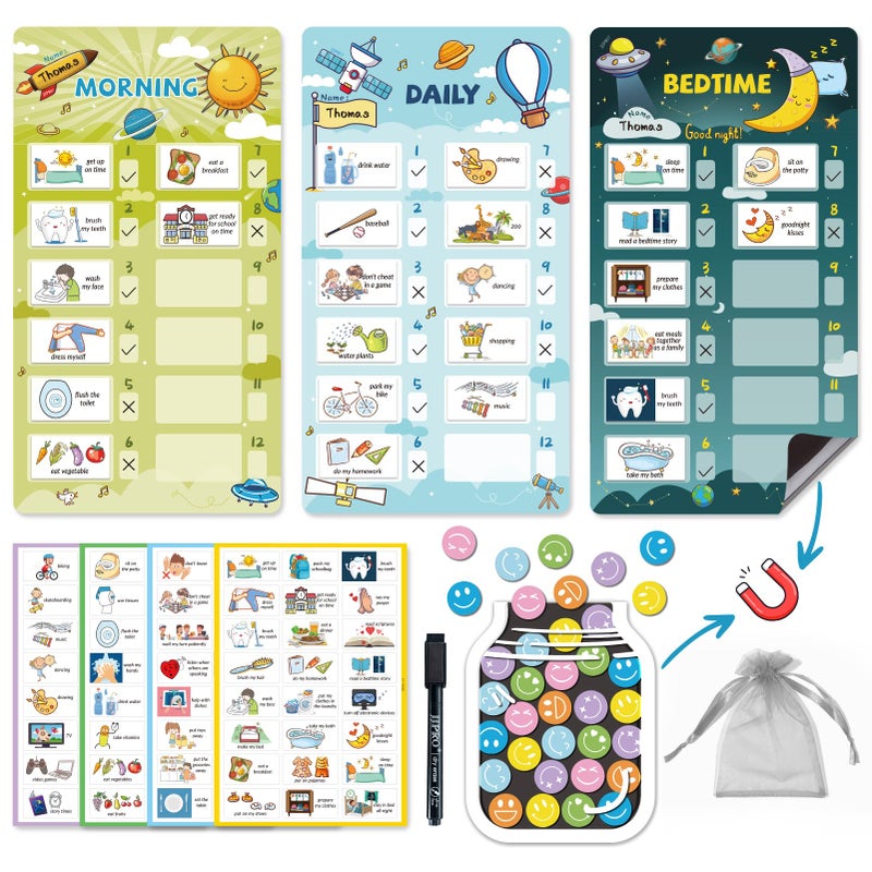 JJPRO Magnetic Bedtime/Morning/Daily Routine Chart for Kids with Reward Jar-Bedtime Checklist Toddler Reward Jar,Magnetic Chore Chart for Kids,Daily Routine Reward Chart -Outer Space - Image 1