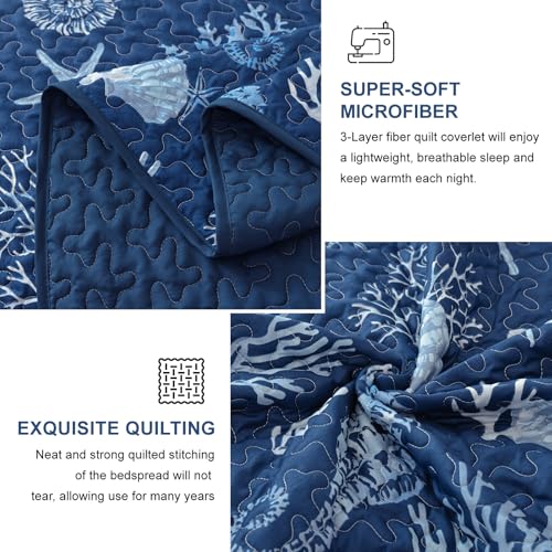 Djoymock Coastal King Size Quilt Set 3 Pcs, Summer Blue Beach Theme Quilts with Pillowcases Reversible Microfiber Ocean Bedding Set Nautical Bedspreads Coverlet Lightweight Comforter for All Season - Image 5