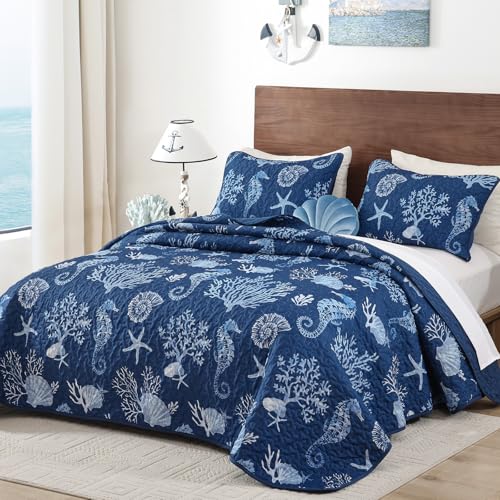 Djoymock Coastal King Size Quilt Set 3 Pcs, Summer Blue Beach Theme Quilts with Pillowcases Reversible Microfiber Ocean Bedding Set Nautical Bedspreads Coverlet Lightweight Comforter for All Season - Image 2