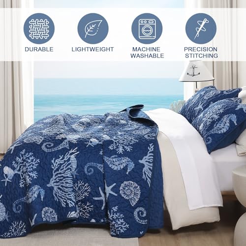Djoymock Coastal King Size Quilt Set 3 Pcs, Summer Blue Beach Theme Quilts with Pillowcases Reversible Microfiber Ocean Bedding Set Nautical Bedspreads Coverlet Lightweight Comforter for All Season - Image 4