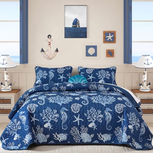 Djoymock Coastal King Size Quilt Set 3 Pcs, Summer Blue Beach Theme Quilts with Pillowcases Reversible Microfiber Ocean Bedding Set Nautical Bedspreads Coverlet Lightweight Comforter for All Season - Image 1