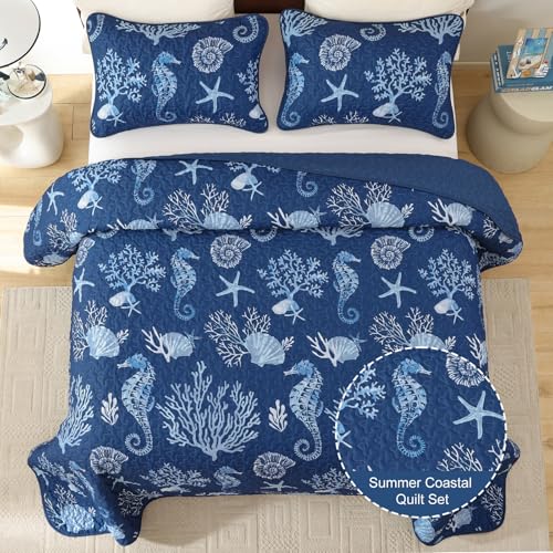 Djoymock Coastal King Size Quilt Set 3 Pcs, Summer Blue Beach Theme Quilts with Pillowcases Reversible Microfiber Ocean Bedding Set Nautical Bedspreads Coverlet Lightweight Comforter for All Season - Image 3