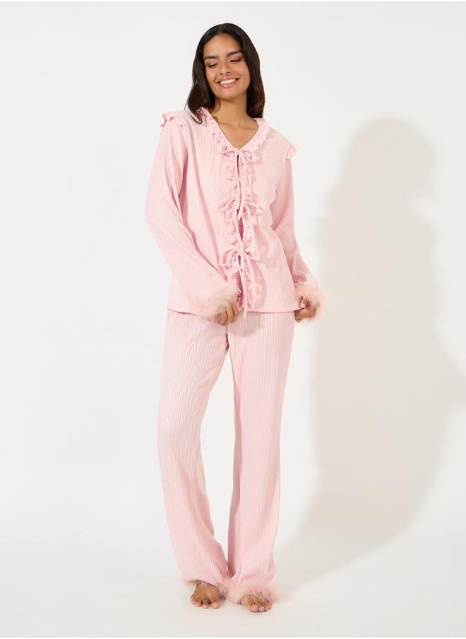 Styli Tie Front Ruffle Detail Faux Fur Trim Shirt & Pyjama Set  - Image 1