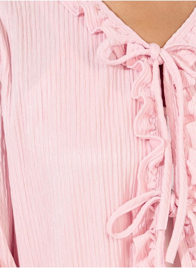 Styli Tie Front Ruffle Detail Faux Fur Trim Shirt & Pyjama Set  - Image 4