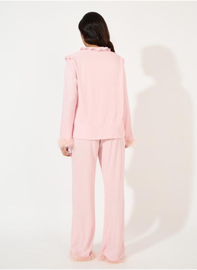 Styli Tie Front Ruffle Detail Faux Fur Trim Shirt & Pyjama Set  - Image 5