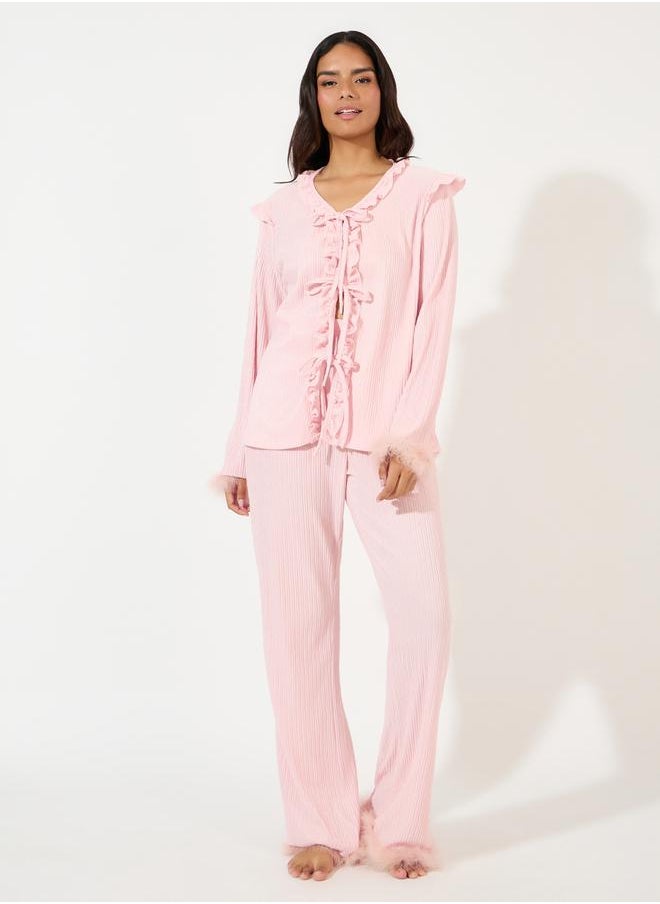 Styli Tie Front Ruffle Detail Faux Fur Trim Shirt & Pyjama Set  - Image 2