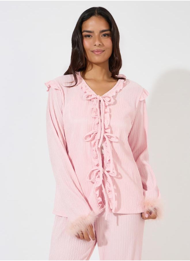 Styli Tie Front Ruffle Detail Faux Fur Trim Shirt & Pyjama Set  - Image 3