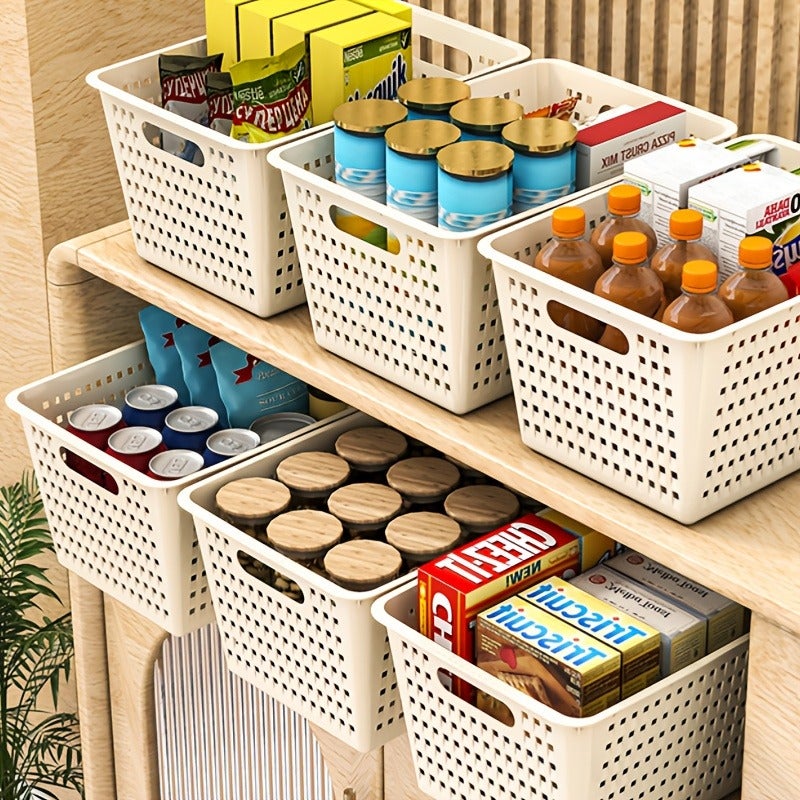 5pcs, Three-Color Storage Baskets for Organizing Kitchen Items, Dormitory Desktop Storage Boxes, Household Plastic Storage Bins, Desk & Drawer Organizer for Home Storage - Image 2