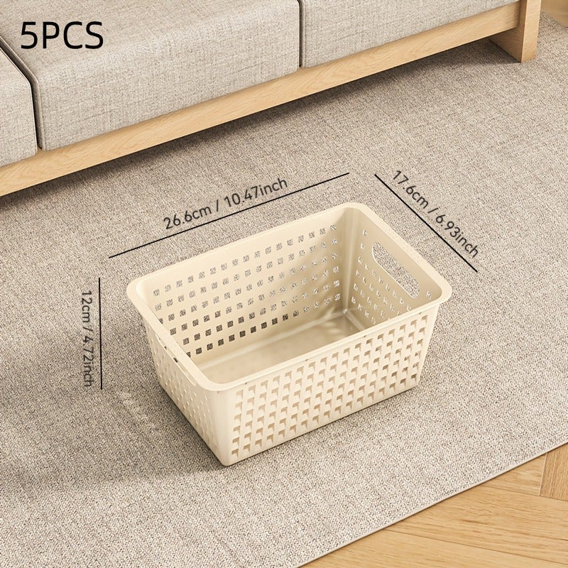 5pcs, Three-Color Storage Baskets for Organizing Kitchen Items, Dormitory Desktop Storage Boxes, Household Plastic Storage Bins, Desk & Drawer Organizer for Home Storage - Image 1