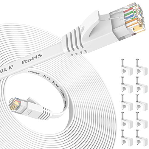 Folishine Cat6 Ethernet Cable 20 ft, Flat Design High Speed with Network Patch Cords, LAN Cable Clips&Rj45 Connector for Router Modem Faster Than Cat 5e/Cat 5-White - Image 1