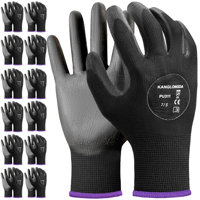 Kebada Safety Work Gloves 12 Pairs Work Gloves with Grip PU Coated Grip Gloves for Warehouse Construction Gardening and Mechanics Black Small - Image 2
