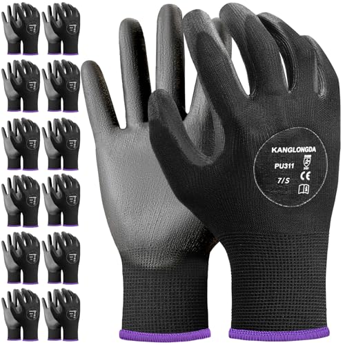 Kebada Safety Work Gloves 12 Pairs Work Gloves with Grip PU Coated Grip Gloves for Warehouse Construction Gardening and Mechanics Black Small - Image 1