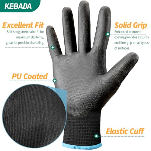 Kebada Safety Work Gloves 12 Pairs Work Gloves with Grip PU Coated Grip Gloves for Warehouse Construction Gardening and Mechanics Black Small - Image 3