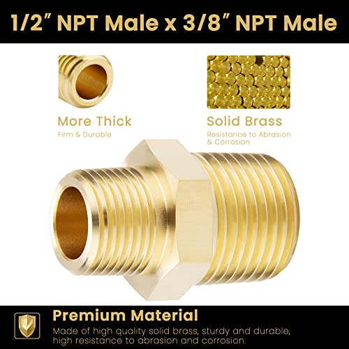 KOOTANS 1/2 NPT x 3/8 NPT Male Solid Brass Hex Nipples, Heavy Brass Pipe Adapter Fittings Reducing Nipple Connectors 4Pieces - Image 3