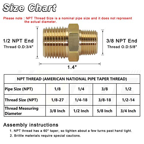 KOOTANS 1/2 NPT x 3/8 NPT Male Solid Brass Hex Nipples, Heavy Brass Pipe Adapter Fittings Reducing Nipple Connectors 4Pieces - Image 2