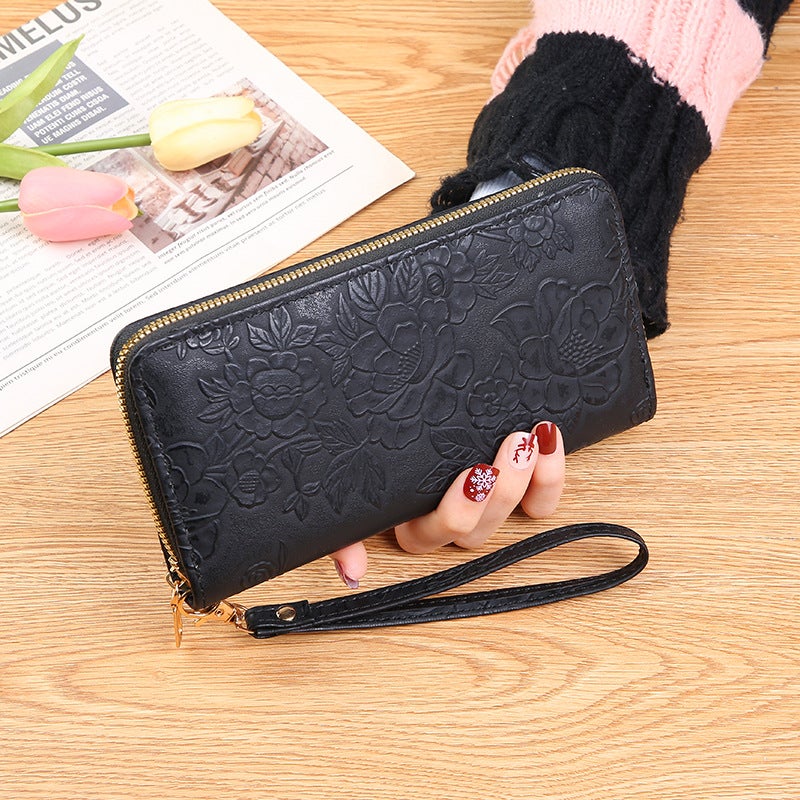 Embossed Zip Clutch Womens Oversized Wallet Black 