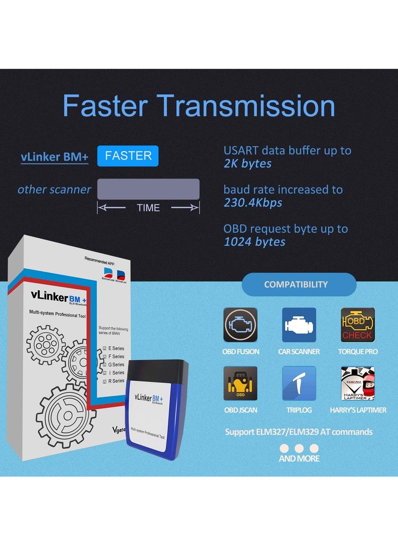في جايت - جهاز Vgate vLinker BM Plus Bluetooth BLE OBD2 Scanner لسيارات BMW Mini يعمل مع iPhone وAndroid، ميزات مخفية في أداة تشخيص Bimmer Code OBD II لفتح قفل السيارة - Image 1