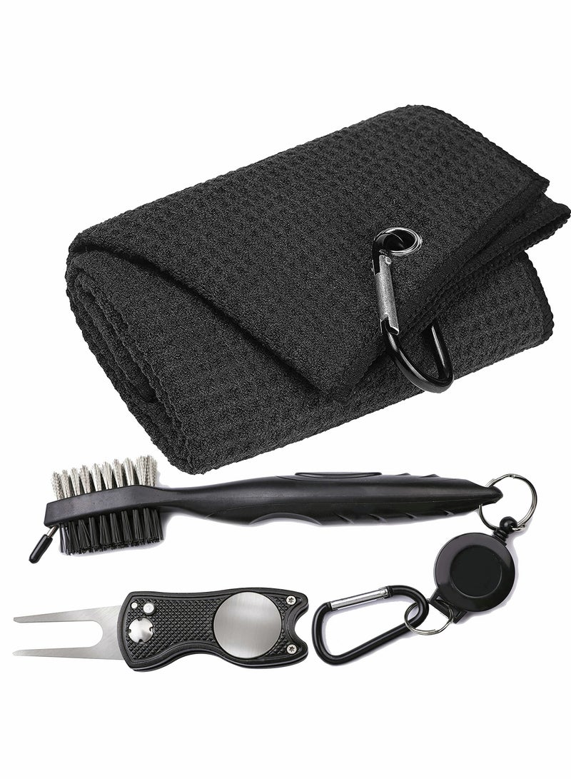 KASTWAVE Microfiber Waffle Pattern Tri-fold Golf Towel (16" x 24")| Golf Club Brush| Golf Divot Tool| Black Golf Towel Set| Suitable for Golf Lovers| Golf Accessories for Men  - Image 1
