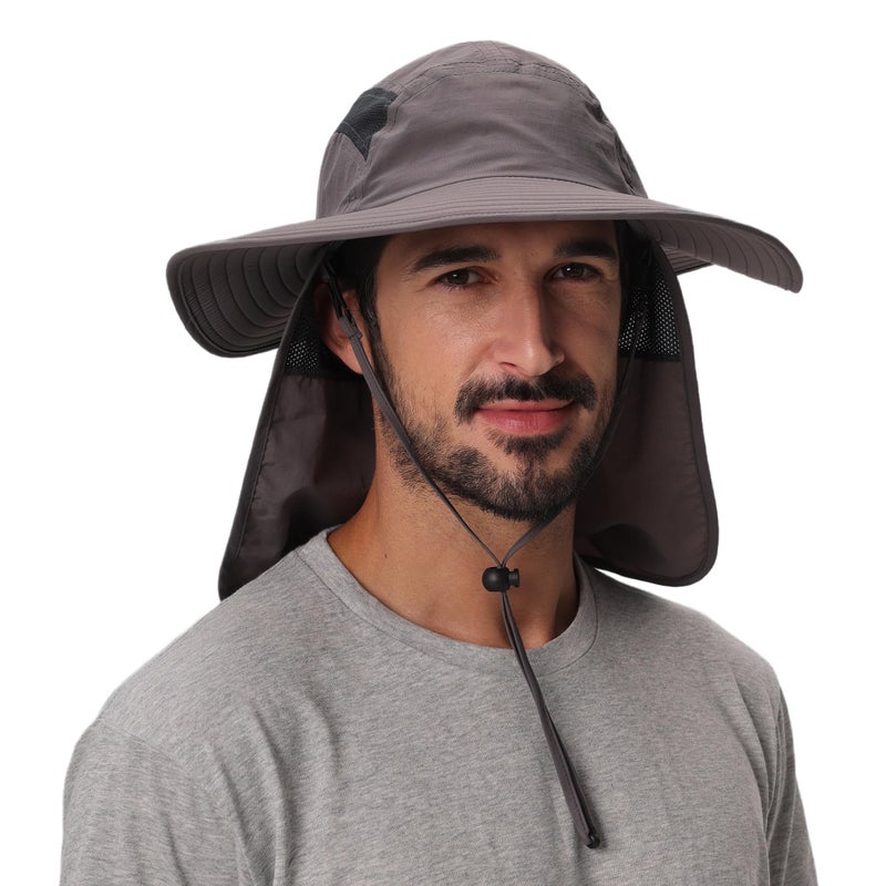 Home Prefer UPF 50+ Sun Protection Cap Wide Brim Fishing Hat with Neck Flap Sun Hat for Mens Womens Beach Gardening Dark Gray - Image 2