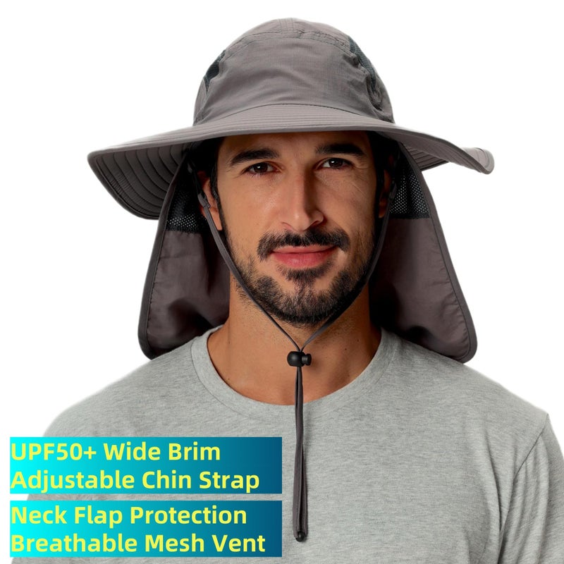 Home Prefer UPF 50+ Sun Protection Cap Wide Brim Fishing Hat with Neck Flap Sun Hat for Mens Womens Beach Gardening Dark Gray - Image 3