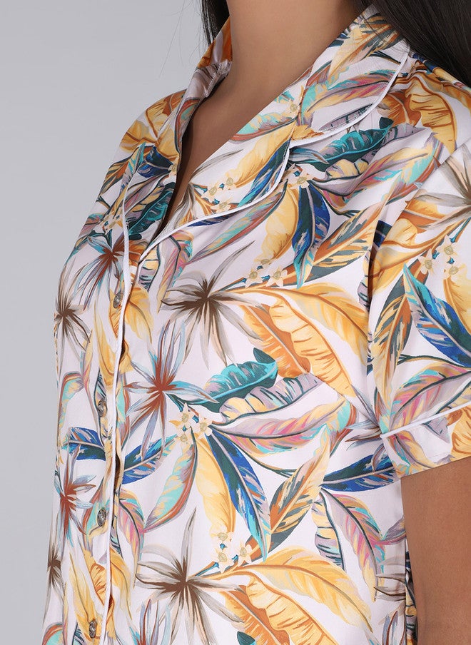 FIMS Women Floral Printed Pure Cotton Lapel Collar Night Suit - Image 2