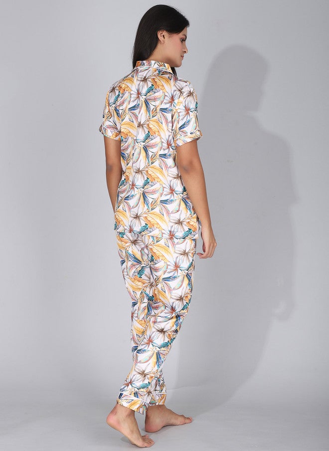 FIMS Women Floral Printed Pure Cotton Lapel Collar Night Suit - Image 5