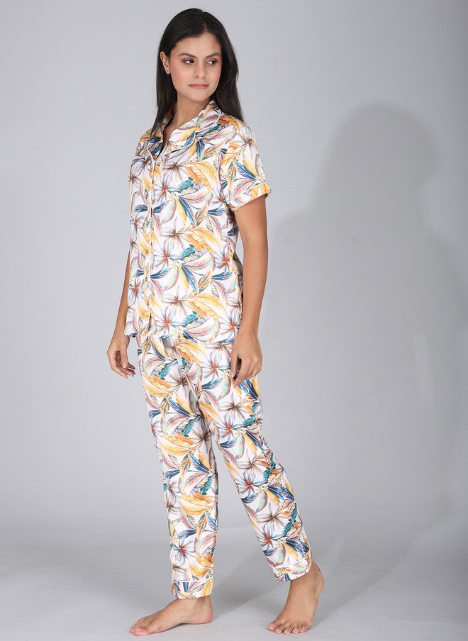 FIMS Women Floral Printed Pure Cotton Lapel Collar Night Suit - Image 4