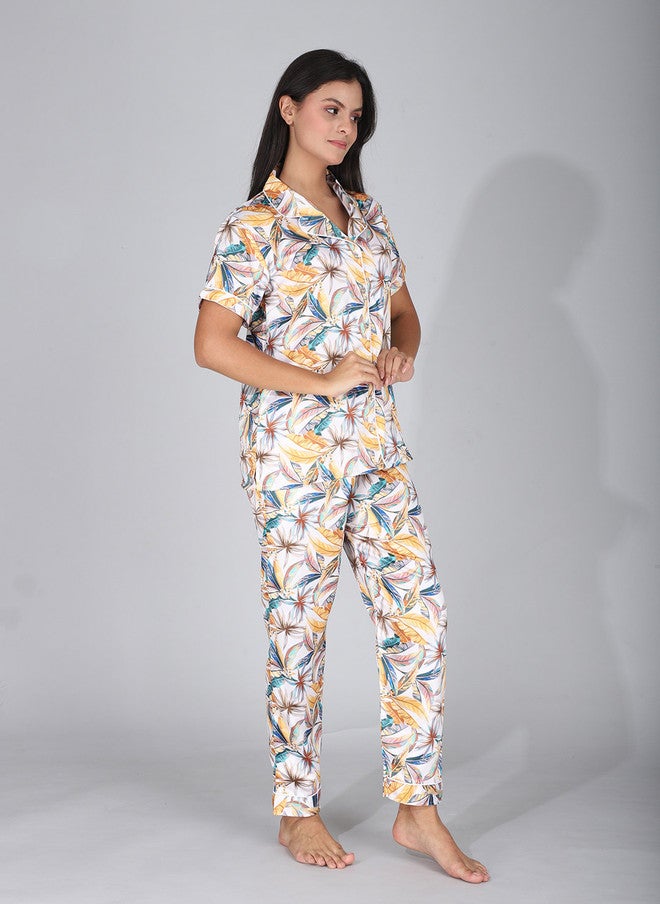 FIMS Women Floral Printed Pure Cotton Lapel Collar Night Suit - Image 3