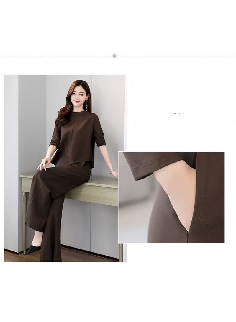Huitich Women’s Two-Piece Casual Suit – Skirt & Pants Combo – Slim Fit, Asymmetrical Hem – Brown (Size  XL) - Image 2