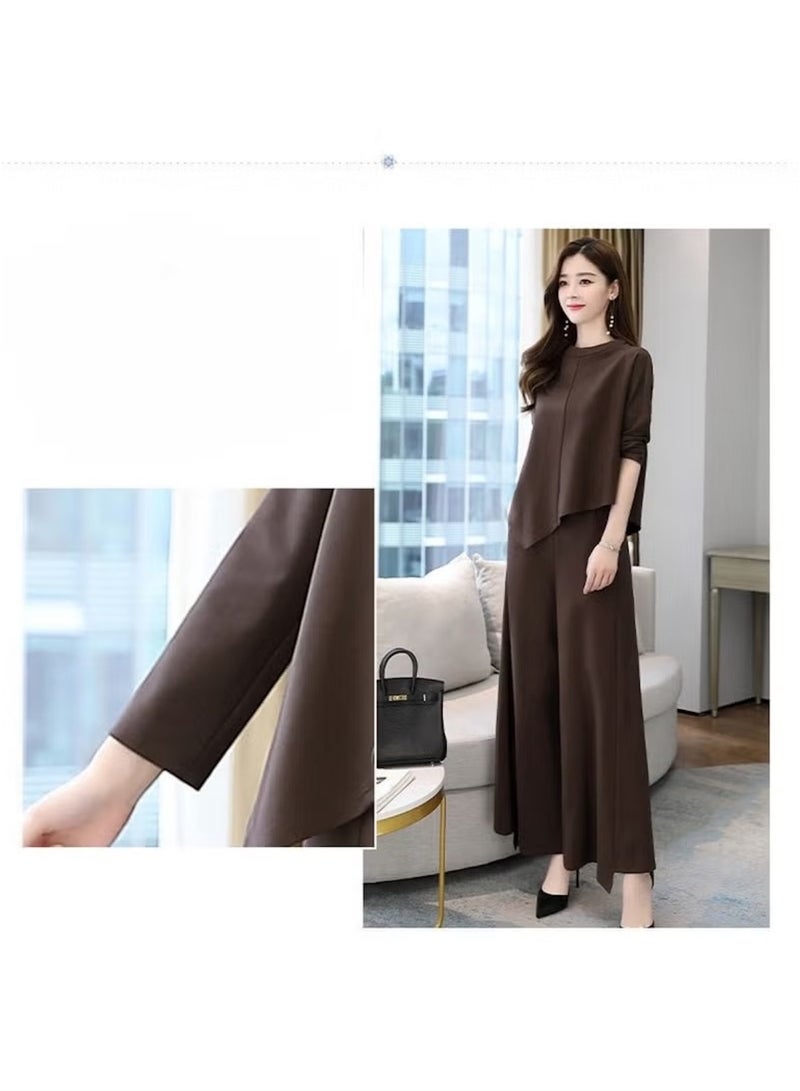 Huitich Women’s Two-Piece Casual Suit – Skirt & Pants Combo – Slim Fit, Asymmetrical Hem – Brown (Size  XL) - Image 3