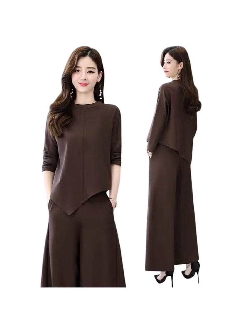 Huitich Women’s Two-Piece Casual Suit – Skirt & Pants Combo – Slim Fit, Asymmetrical Hem – Brown (Size  XL) - Image 1