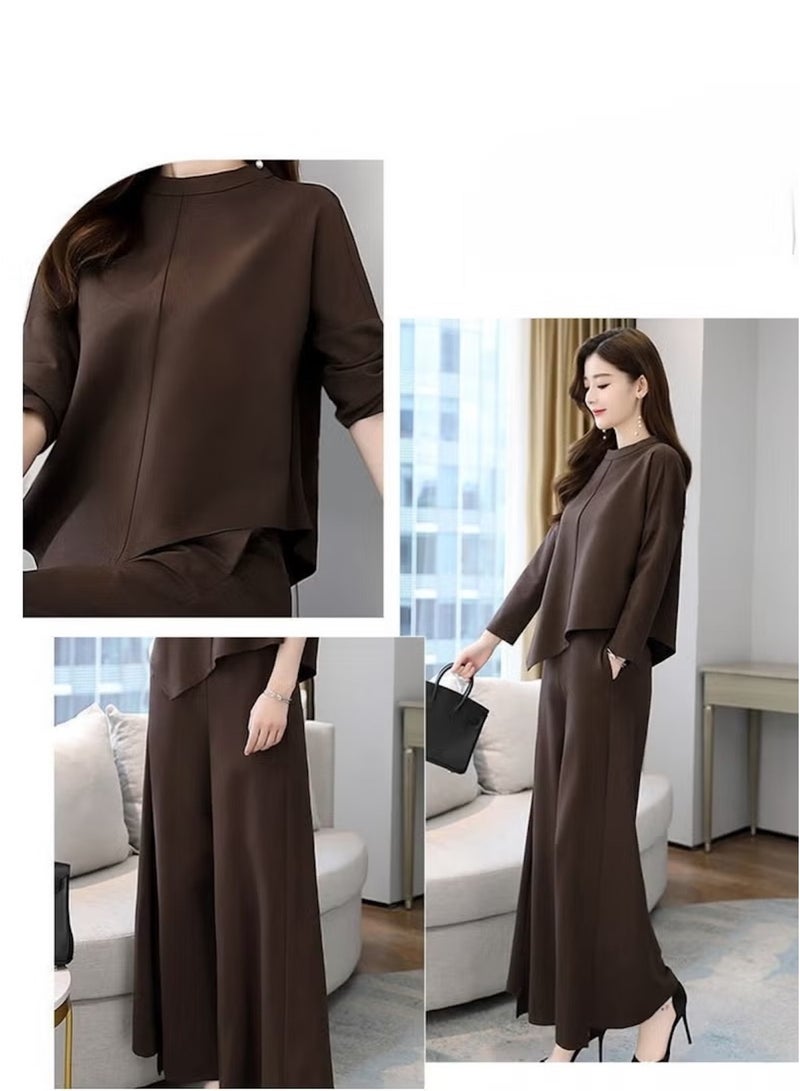 Huitich Women’s Two-Piece Casual Suit – Skirt & Pants Combo – Slim Fit, Asymmetrical Hem – Brown (Size  XL) - Image 4