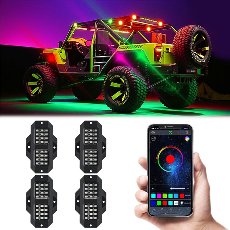 4 قطع من مجموعات مصابيح الصخور LED، مصابيح السيارة LED الملونة، شرائط الإضاءة بالتحكم عبر التطبيق، مقاومة للماء IP68، ضبط السطوع، اتصال بلوتوث 5.0، متزامنة مع الموسيقى للشاحنات الالتفافية، سيارات السفي، ATV، UTV والقوارب - Image 2