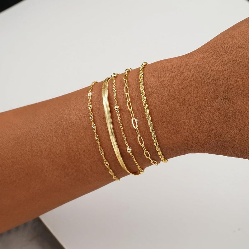 BERISO Gold Bracelets for Women - Elegant Adjustable 14K Gold Plated 5-Layer Bracelet - Image 2