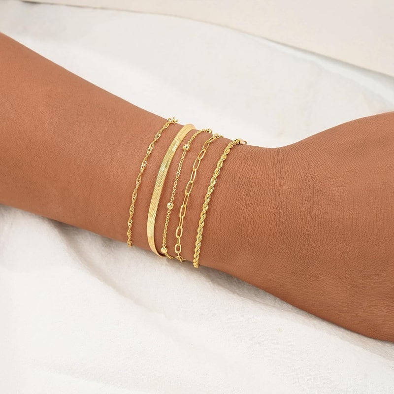 BERISO Gold Bracelets for Women - Elegant Adjustable 14K Gold Plated 5-Layer Bracelet - Image 3