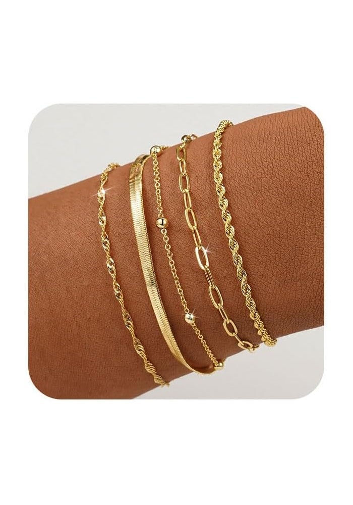 BERISO Gold Bracelets for Women - Elegant Adjustable 14K Gold Plated 5-Layer Bracelet - Image 1