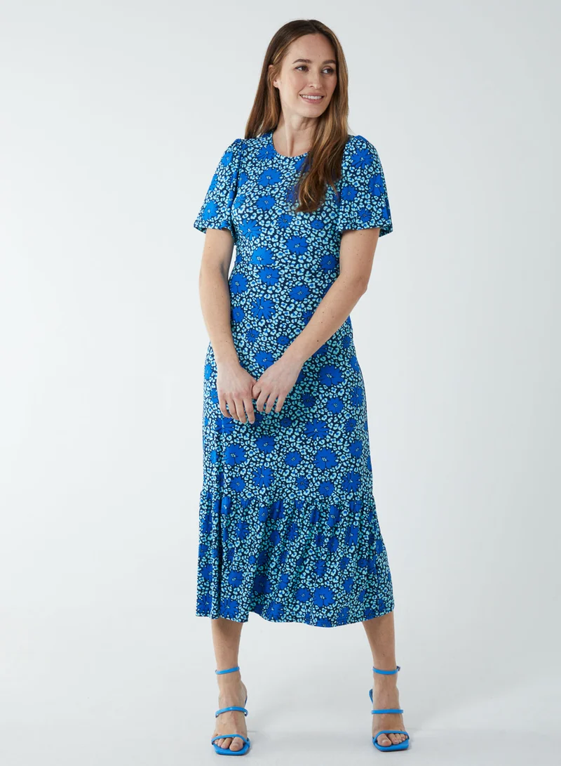 بلو فانيلا فستان ميدي بياقة مستديرة وأكمام ملاك وربطة وظهر مفتوح