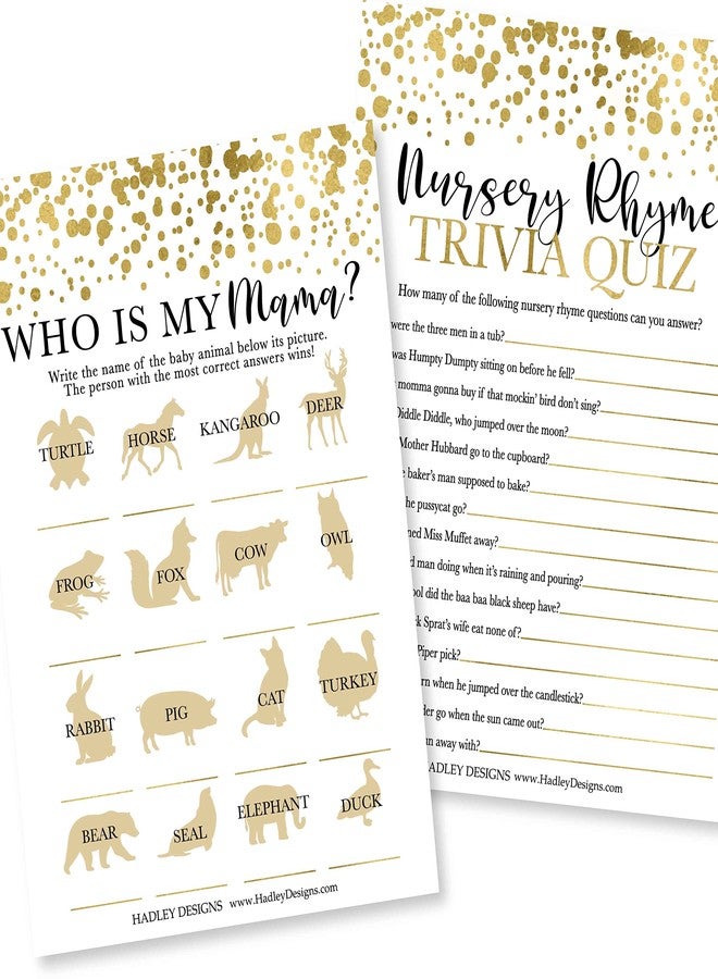 هادلي ديزاينز ألعاب هادلي ديزاينز لحفلات استقبال المولود الجديد لـ ٢٥ ضيفًا - لعبة معلومات عامة ذهبية، مسابقة أغاني الأطفال، لعبة من هي أمي، لعبة مطابقة الحيوانات، ألعاب مناسبة للأولاد والبنات، صنع في الولايات المتحدة الأمريكية - Image 1