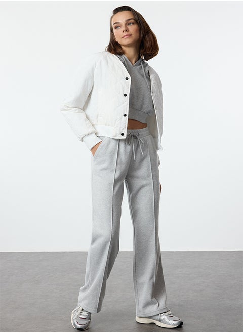 Gray Melange Thessaloniki Fabric Rib Detailed Wide Straight/Plain Knitted Sweatpants with Pockets TWOAW24EA00021