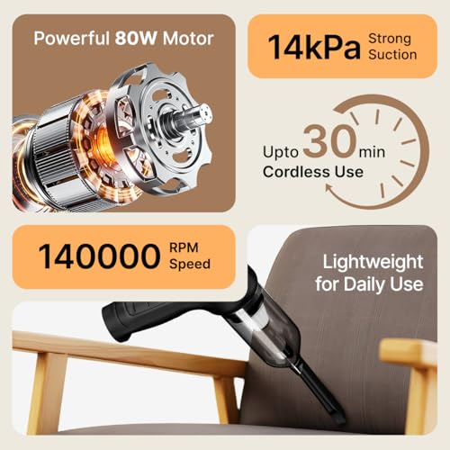 pTron NeoVac X1 14kPA Powerful Suction 80W Cordless Handheld Car/Home Vacuum Cleaner with Blower, HEPA Filter, High Torque DC Motor, Compact & Lightweight, Rechargeable, Multiple Attachments (Black) - Image 3