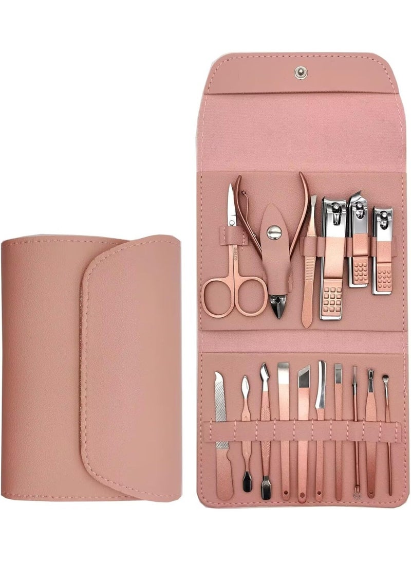16-in-1 Professional Manicure Set – Stainless Steel Nail Care Kit with Nail Clippers, Scissors, Tweezers & Grooming Tools in Portable Travel Case for Men & Women – Pink - Image 1