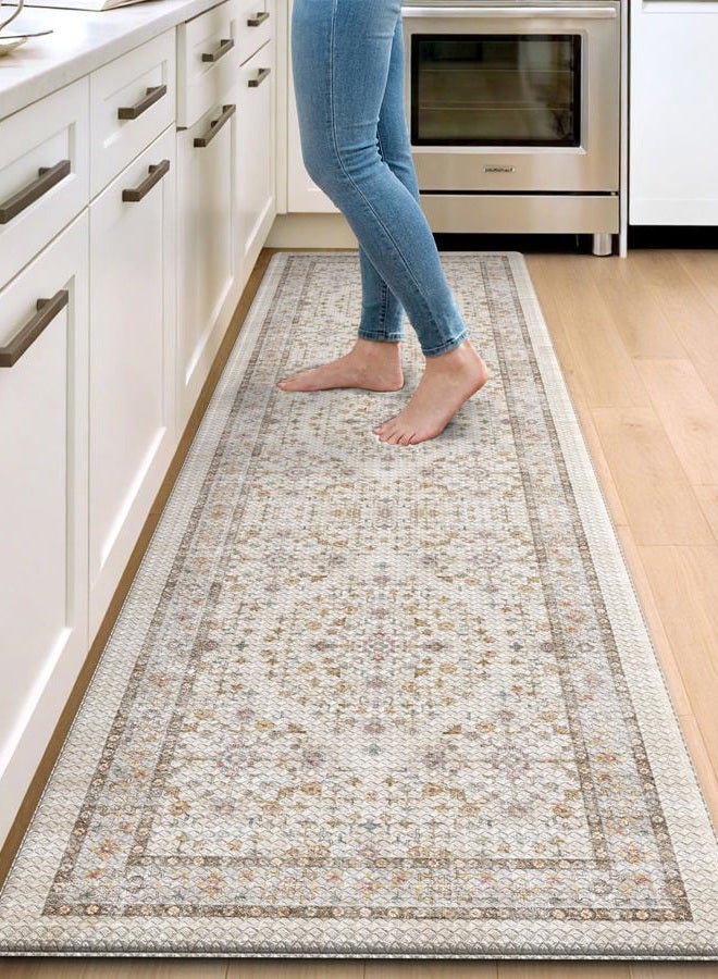 DEXI Kitchen Floor Mats Cushioned Anti Fatigue, 23x86 Long Wide Standing Comfort Runner Rug, Waterproof Retro Floral Memory Foam Padded for Front Sink Laundry, Beige/Ivory - Image 1