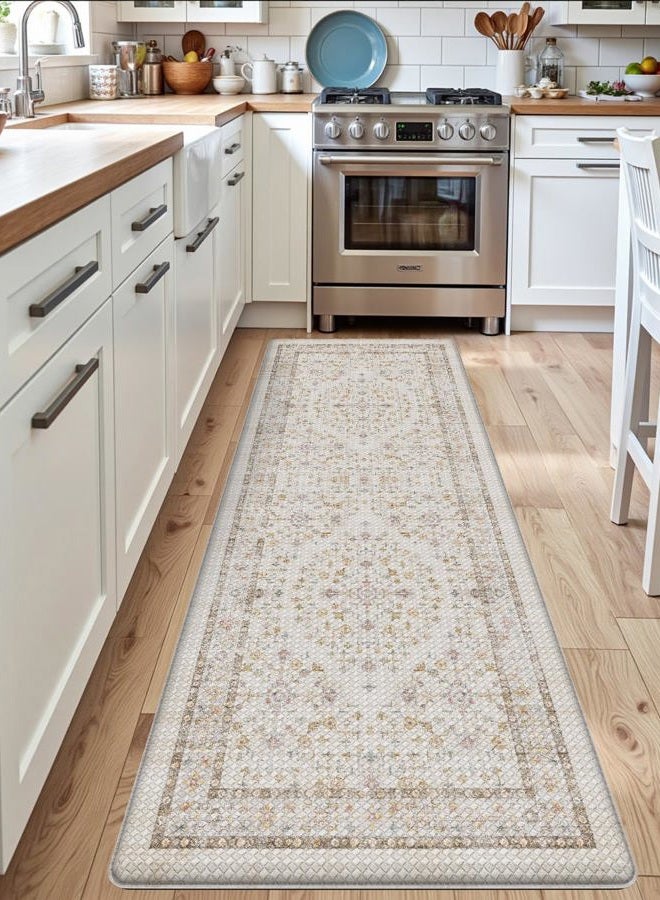 DEXI Kitchen Floor Mats Cushioned Anti Fatigue, 23x86 Long Wide Standing Comfort Runner Rug, Waterproof Retro Floral Memory Foam Padded for Front Sink Laundry, Beige/Ivory - Image 5