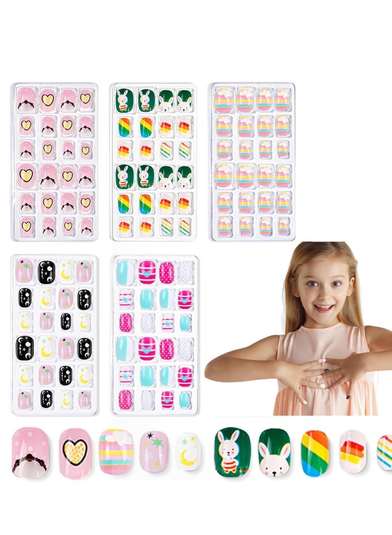 120 Pcs Kids False Nails Fake Press on for Girls Pre-glued Nail Stickers for Gift DIY Art Decor 5 Boxes with Diamond Face Sticker Decoration - Image 1