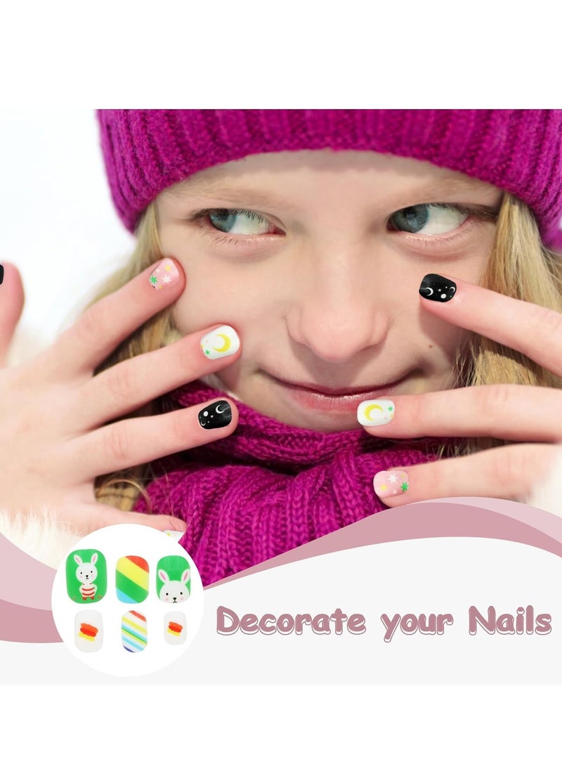 120 Pcs Kids False Nails Fake Press on for Girls Pre-glued Nail Stickers for Gift DIY Art Decor 5 Boxes with Diamond Face Sticker Decoration - Image 5
