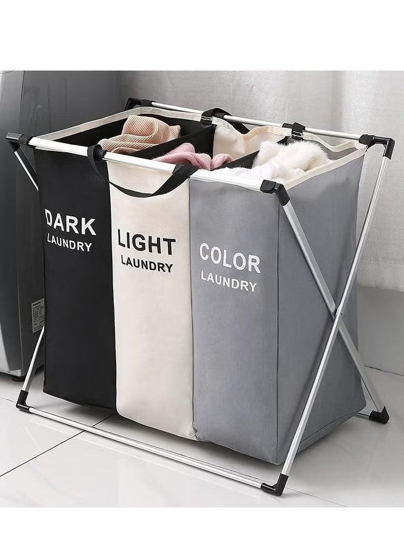 3-Section Laundry Basket Foldable Laundry Storage Basket Home Dirty Clothes Organizer Waterproof Black/White/Grey Black/White/Grey 137L