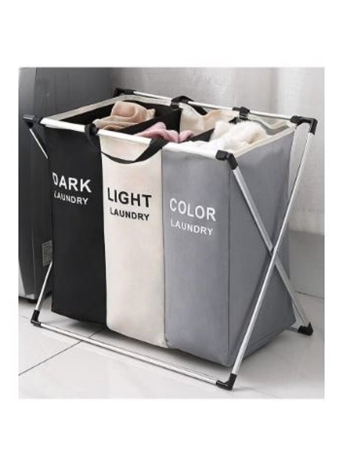 3-Section Laundry Basket Foldable Laundry Storage Basket Home Dirty Clothes Organizer Waterproof Black/White/Grey Black/White/Grey 137L