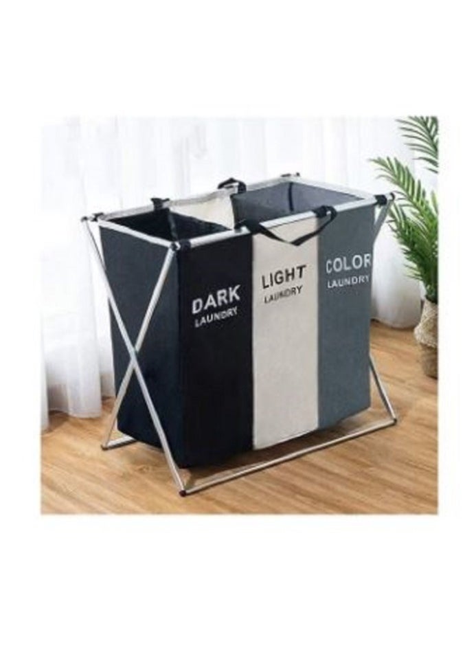 3-Section Laundry Basket Foldable Laundry Storage Basket Home Dirty Clothes Organizer Waterproof Black/White/Grey Black/White/Grey 137L
