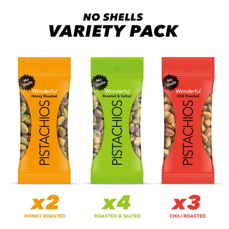 Wonderful Pistachios No Shells, 3 Flavors Mixed Variety Pack of 9 (0.75 Ounce), Roasted & Salted Nuts (4), Chili (3), Honey (2), Protein Snacks, Gluten Free, Healthy Snacks Variety Pack for Adults, Stocking Stuffers - Image 2